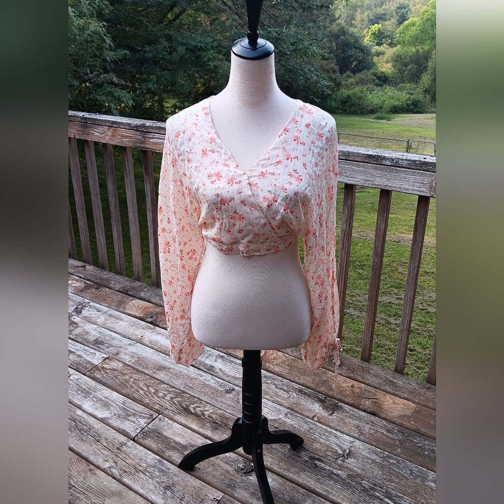 NWT Elegant Floral Wrap Blouse in Pink and Cream, Size Small